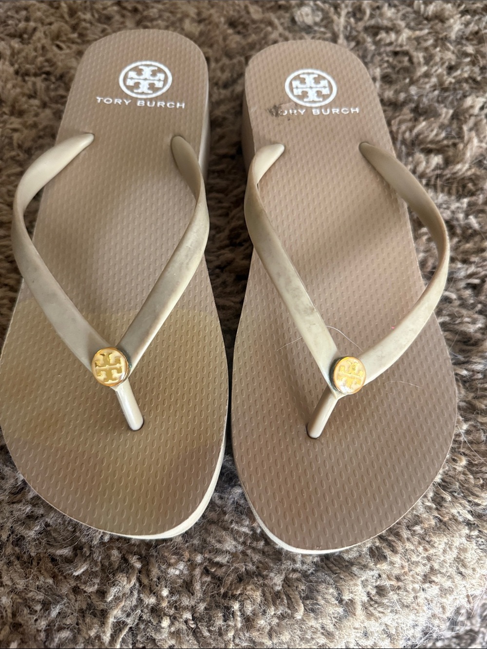 Tory Burch Beige/Tan Logo Thong Sandals with Gold Medallions